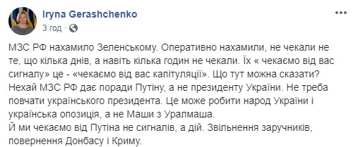 Повчати українського президента може народ України, а не Маші з Уралмашу, - Ірина Геращенко про звернення МЗС РФ до Зеленського 01 Повчати українського президента може народ України, а не Маші з Уралмашу, - Ірина Геращенко про звернення МЗС РФ до Зеленського 01