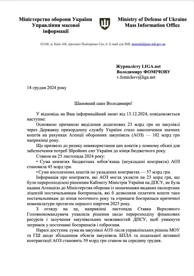 Міноборони про 23 млрд для ДПСУ