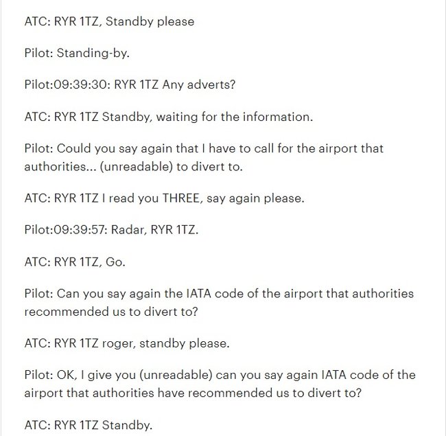 Білорусь опублікувала стенограму переговорів диспетчерів з пілотом літака Ryanair 04