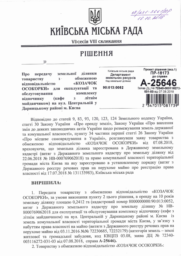 Рішення про передачу земельної ділянки ресторана Козачок