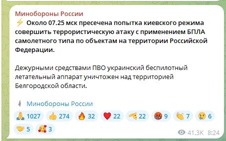 Міноборони РФ повідомило про збиття 6 українських дронів