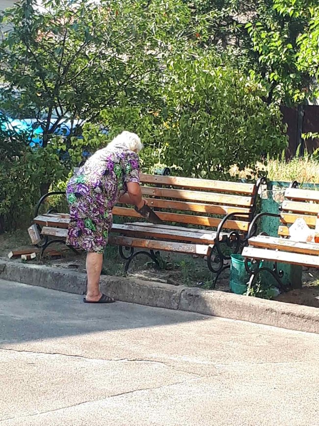 Возмущенная громкими посиделками бабушка распилила скамейку в Днепровском районе Киева 01
