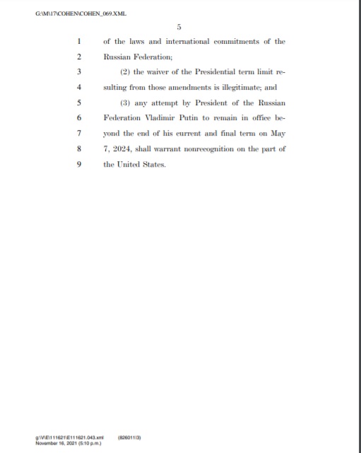 У Конгрес США внесли резолюцію, яка пропонує не визнавати Путіна президентом після 2024 року 05