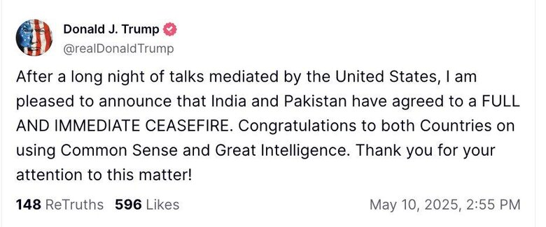 Трамп заявив, що Індія та Пакистан домовилися про повне припинення вогню