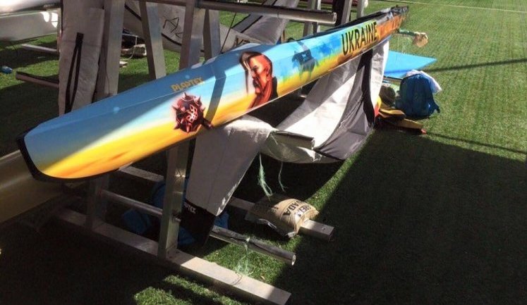 "Ukraine's flag colors, a Cossack with mace - all as it should be:" Cheban's gold-winning patriotic canoe. PHOTO
