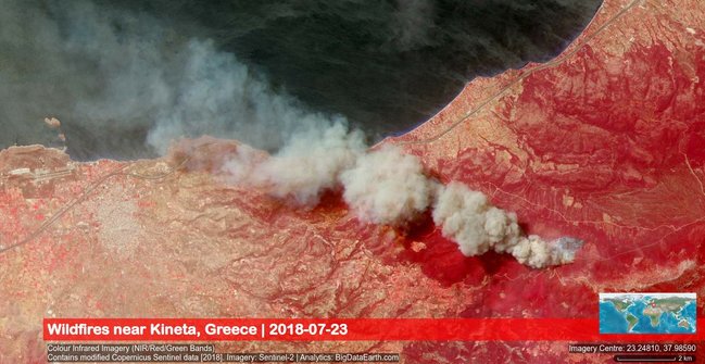 Масштабні пожежі поблизу Афін: оприлюднено супутникові знімки з космосу 01