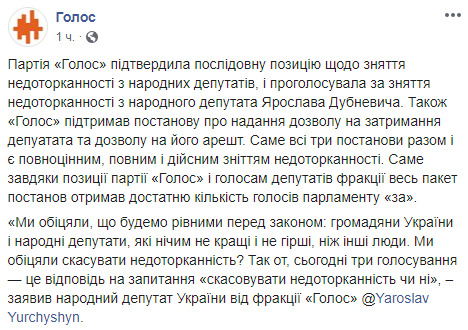 Позитивне голосування за затримання та арешт Дубневича стало можливим завдяки позиції нашої фракції, - Голос 01