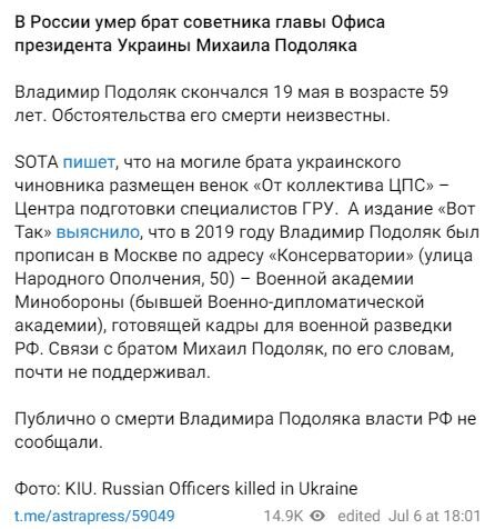 Повідомлення у ЗМІ про смерть брата Подоляка