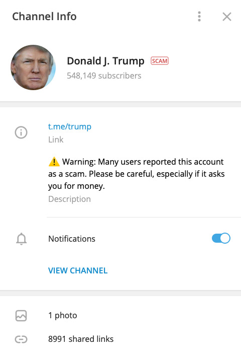 Telegram обозначил канал Трампа как мошеннический 01