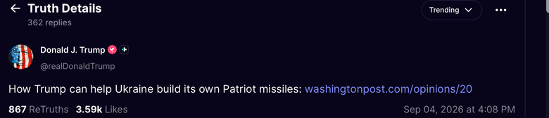 Трамп поширив статтю Washington Post про спрощені ракети Patriot для України