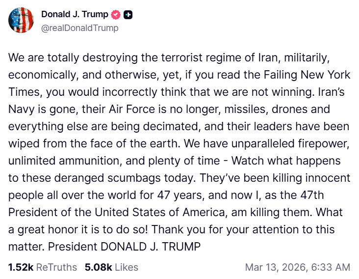 Трамп запевняє, що США перемагають у війні проти Ірану