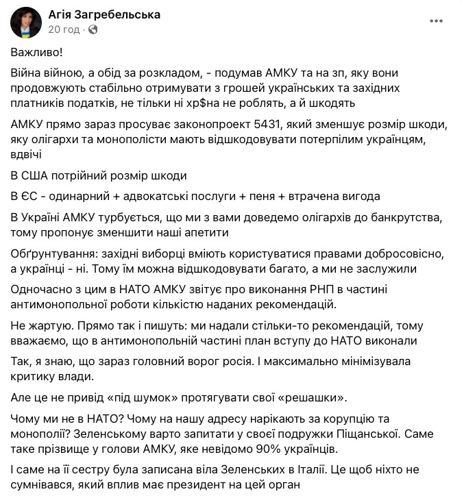 АМКУ хоче вдвічі зменшити відшкодування від олігархів та монополістів, - Загребельська 01