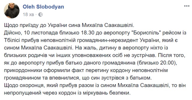 Пограничники оформили факт пересечения границы сыну Саакашвили, после того как удостоверились, что он встретился с отцом, - Слободян 01
