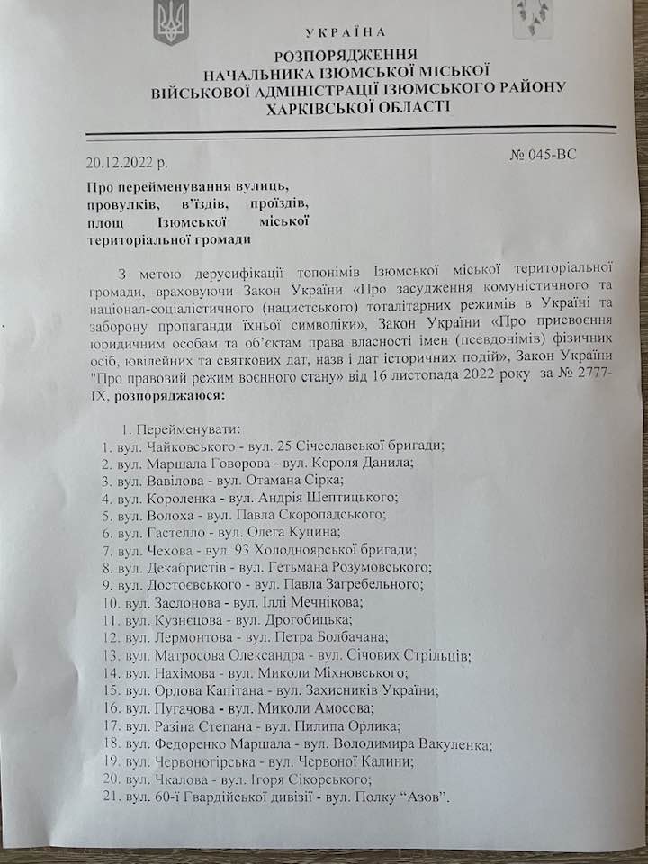 Вулиці в Ізюмі назвали на честь полку Азов і вбитого росіянами письменника Вакуленка 01