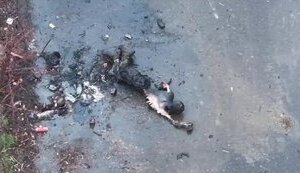 Burnt and mutilated body of Russian invader lying on road. VIDEO