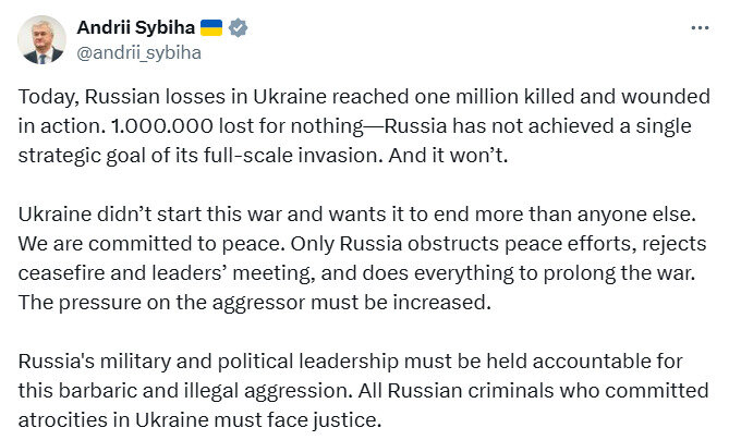 Сибіга прокоментував мільйон втрат армії РФ