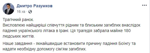 Наше завдання - якнайшвидше встановити причину падіння Боїнга, - Разумков про катастрофу українського пасажирського літака в Тегерані 01