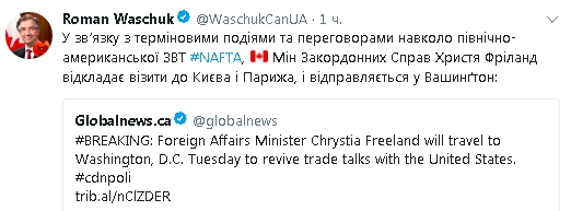 Фриланд отменила поездку в Киев, - Ващук 01