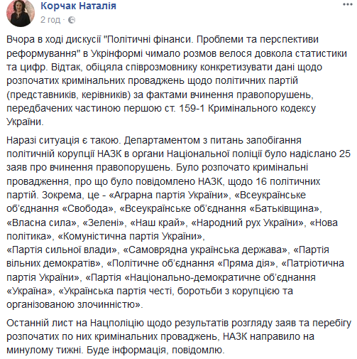 Щодо 16 політичних партій відкрито кримінальні справи, - Корчак 01