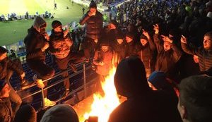 Ukrainian football fans burn Serbian flags at game in Kharkiv. PHOTOS