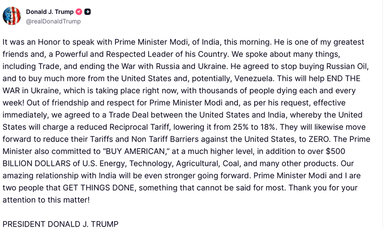 Трамп про розмову з Моді