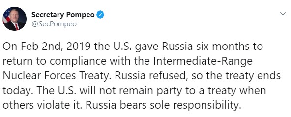 Ядерный договор между США и Россией официально прекращает действие 01