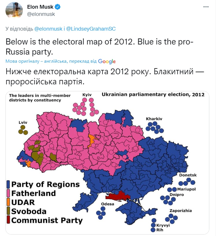 Ілон Маск заявив, що деякі східні регіони України віддають перевагу Росії та опублікував карту політичних уподобань українців 10-річної давності 03 Ілон Маск заявив, що деякі східні регіони України віддають перевагу Росії та опублікував карту політичних уподобань українців 10-річної давності 03