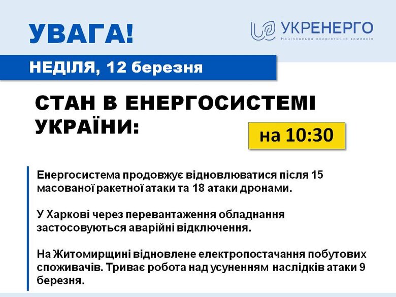 Обсягів електроенергії достатньо для потреб споживачів, у Харкові аварійні відключення через перевантаження обладнання, - Укренерго 01