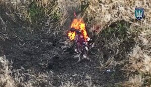 Body of Russian invader engulfed in flames after attack by Ukrainian strike drone. VIDEO