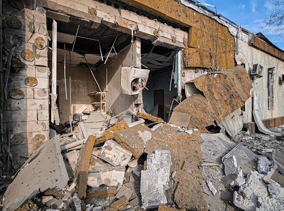 Building destroyed by Russian shelling in Kherson region