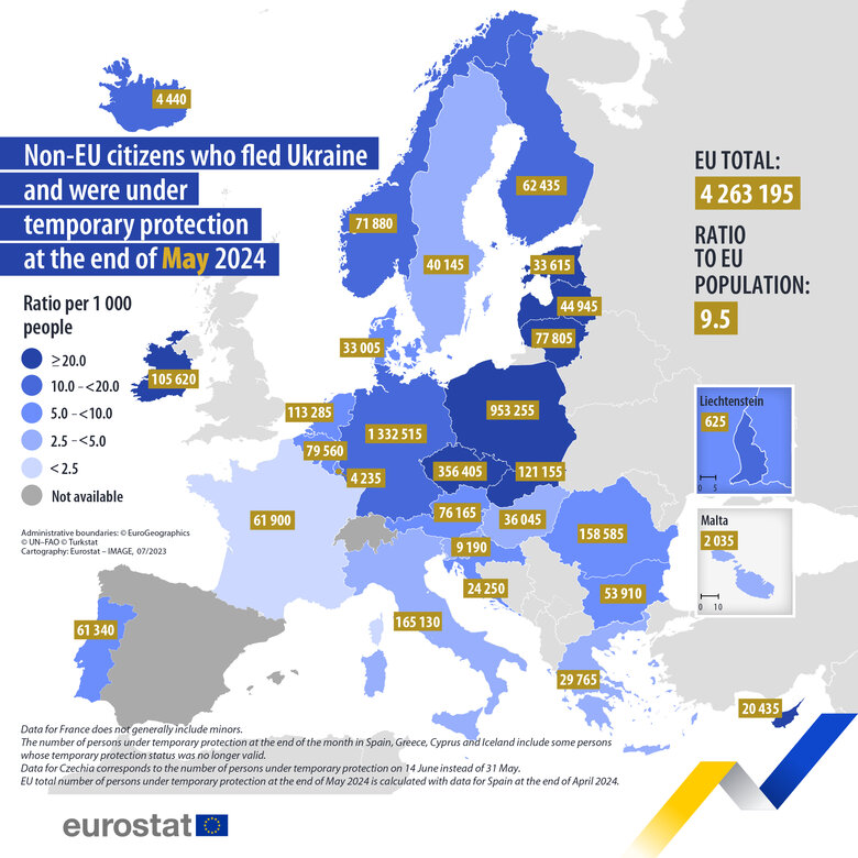 Кількість українських біженців у ЄС станом на кінець травня 2024 року