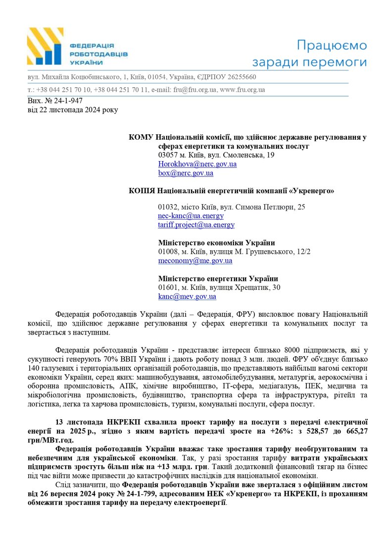 лист Федерації роботодавців