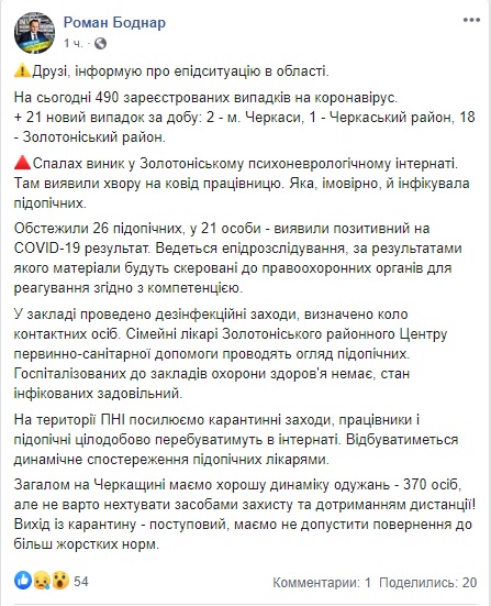 Спалах COVID-19 зафіксовано в психоневрологічному інтернаті на Черкащині: інфікована 21 особа 01