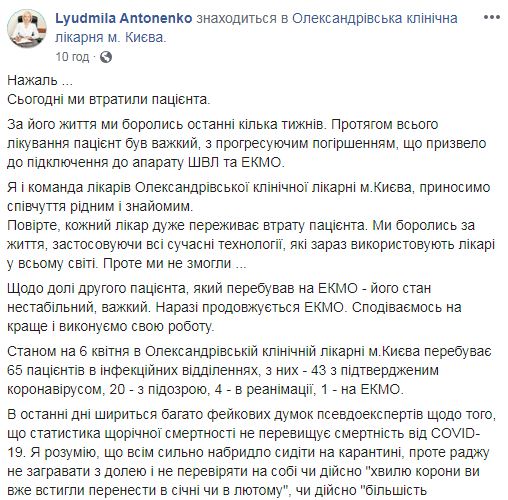 За сутки от коронавируса в Украине умерли 7 пациентов. Случай в Александровской больнице Киева будет рассматриваться отдельно, - Минздрав 02