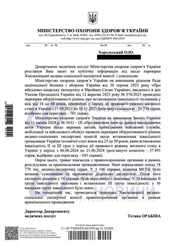МОЗ скасувало 74 рішення Хмельницької МСЕК про встановлення інвалідності