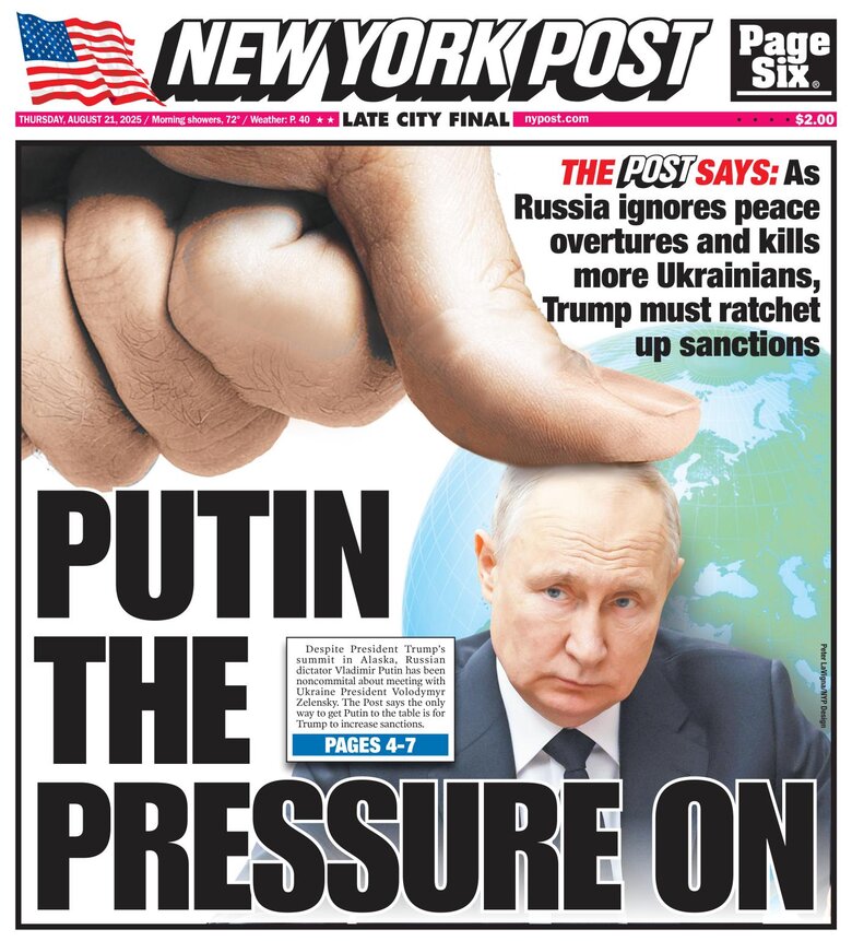 Trump's favourite newspaper, the New York Post, called for pressure on Putin