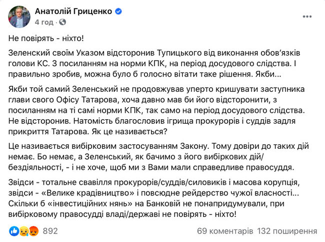 Зеленський відсторонив Тупицького, але кришує Татарова, - Гриценко 01