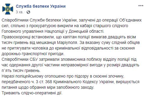 Старшого слідчого Головного управління Нацполіції в Донецькій області затримали на одержанні 28 тис. грн хабара, - СБУ 04