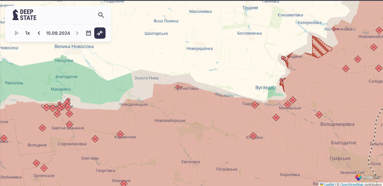 Карта бойових дій поблизу Вугледару станом на 15 вересня