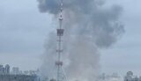Момент влучання російської ракети в Київську телевежу. ВIДЕО