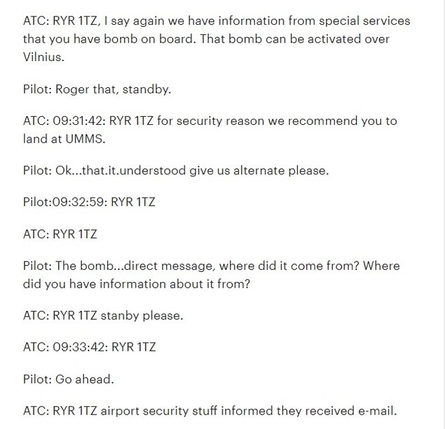 Білорусь опублікувала стенограму переговорів диспетчерів з пілотом літака Ryanair 02