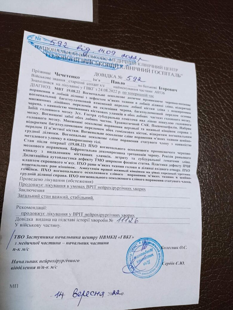 Важкопораненому воїну Павлу Чечетенку терміново потрібна операція на голові. Йде збір коштів на пластину 03
