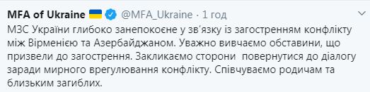 Україна закликає Вірменію та Азербайджан повернутися до мирного діалогу, - МЗС 01