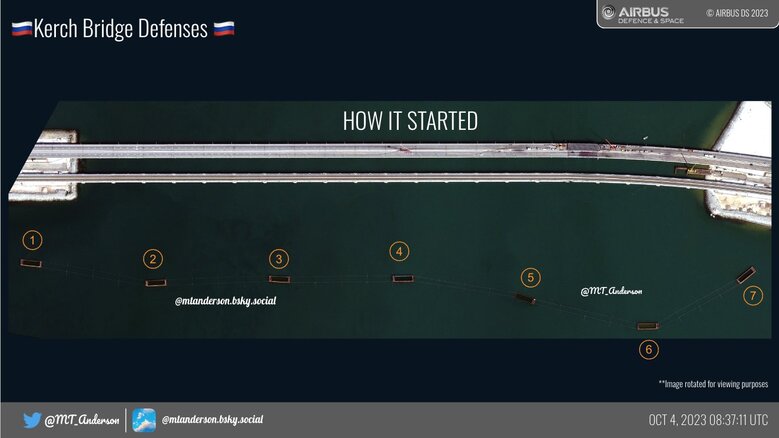 Шторм істотно зашкодив обороні Керченського мосту, затопивши баржі 01 Шторм істотно зашкодив обороні Керченського мосту, затопивши баржі 01