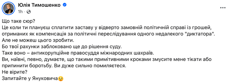 Юлія Тимошенко заявила, що її рахунки заблокували