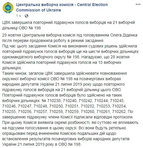 Вибори в Раду: ЦВК завершила перерахунок голосів на 198 окрузі 01