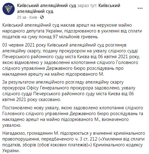 Апелляционный суд арестовал недвижимое имущество нардепа Мялика, подозреваемого в уклонении от уплаты 97 млн грн налогов 01