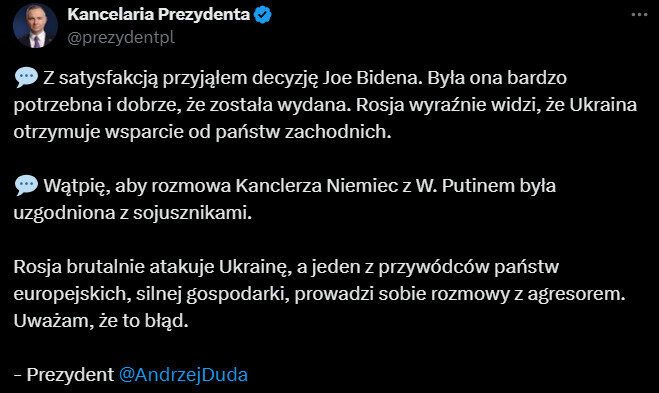 Дуда назвав розмову Шольца із Путіним помилкою