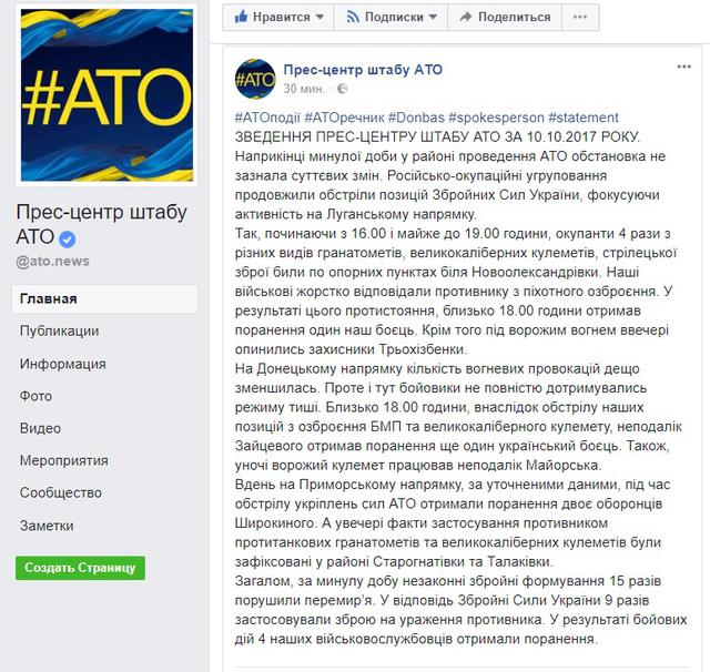 За минулу добу чотирьох українських воїнів було поранено, - штаб АТО 01