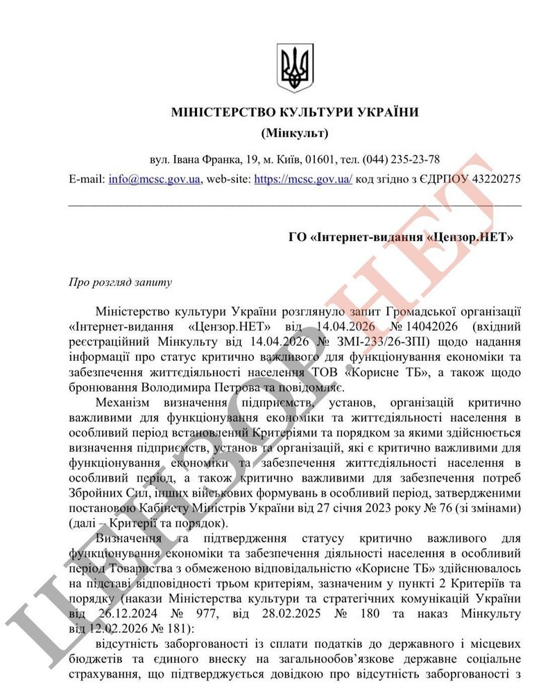 Бронювання Володимира Петрова: що кажуть у Мінкульті?